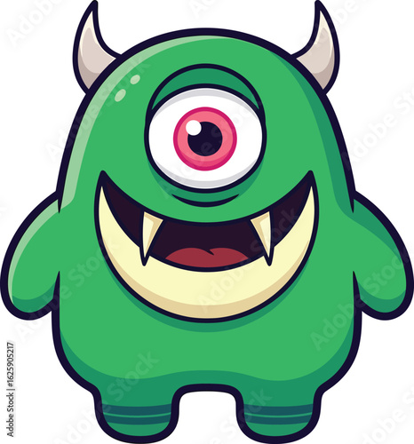 Joyful green one-eyed monster with horns and sharp teeth, perfect for kids' fun designs