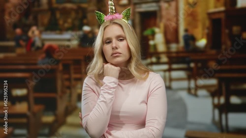 Wallpaper Mural Woman in a pink shirt with unicorn diadem posing humorously in a quiet catholic church, combining whimsy with solemnity. Torontodigital.ca