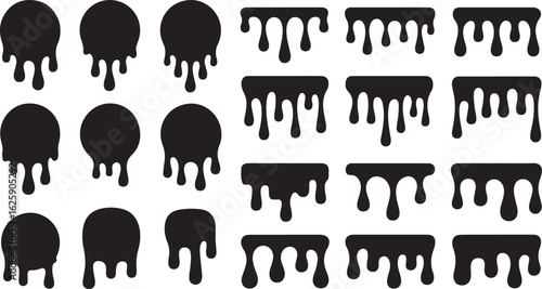 Black dripping paint splatter and blob shapes