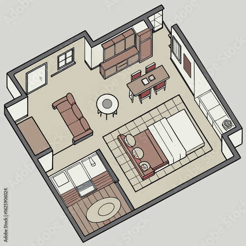 Isometric Floor Plan of a Stylish Modern Studio Apartment Design with Open Concept Living and Integrated Kitchen and Bedroom Spaces