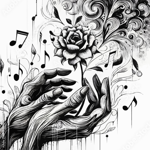 Artistic illustration of hands presenting a rose intertwined with musical notes and swirling patterns in black and white

