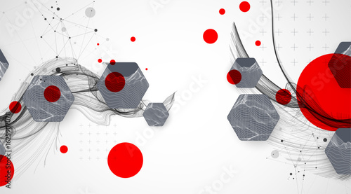 Scientific and technological background. Wave with wireframe  hexagons of different types on a gray gradient.