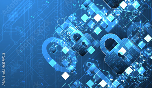 Abstract technological background on the topic of information protection. Various technological elements with padlocks inside which is a digital code.