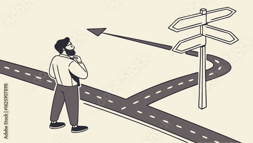 Businessman contemplating multiple paths, crossroads decision, strategic planning, thoughtful expression, minimalist line art illustration.