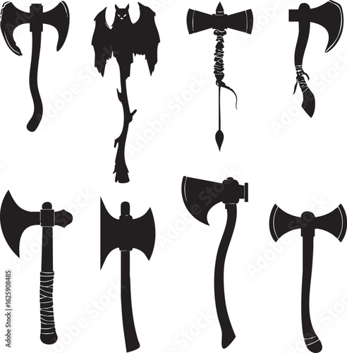 Vector silhouette set of Halloween Axe isolated in White background, silhouette Set, Halloween theme, Vector illustration