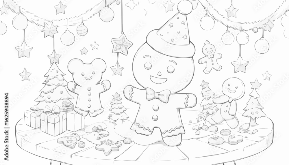 Fototapeta premium Line art illustration of a festive holiday scene with gingerbread cookies and decorations, coloring page design