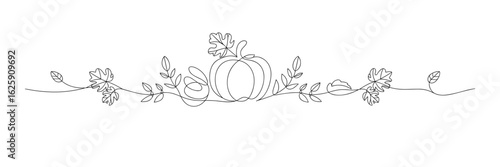 Autumn Pumpkin with Leaves and Vines One Line Drawing for Fall, Thanksgiving, Harvest vector illustration