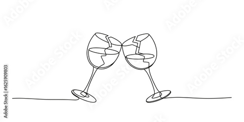 Cracked Wine Glasses Toasting in Minimal One Line Style Symbolizing Fragile Celebration vector illustration