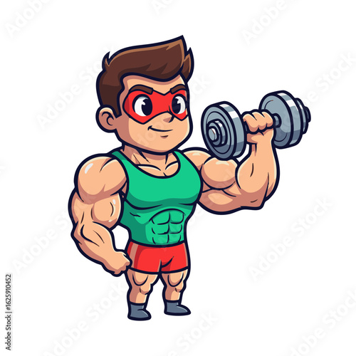 Muscular superhero character in a mask lifting a heavy dumbbell. Cartoon fitness mascot for gym and bodybuilding motivation.