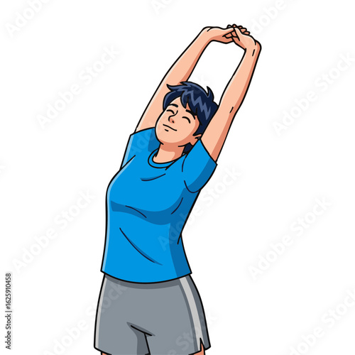 Young woman in sportswear stretching her arms and back as part of a healthy routine. Cartoon illustration of wellness and morning exercise.