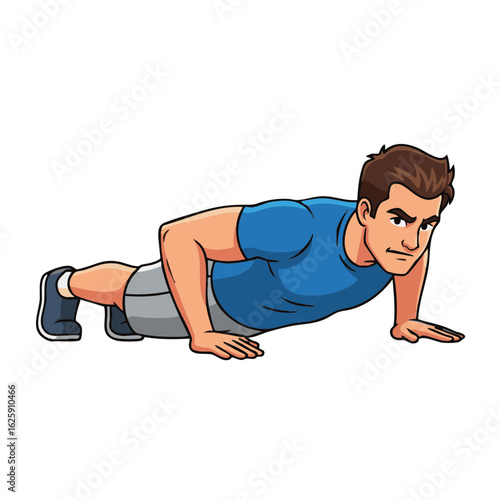 Illustration of a determined athletic man doing a push-up exercise. A fitness character for a healthy workout routine.