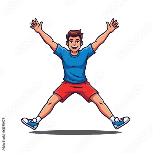 Young man doing jumping jacks exercise for fitness. Happy cartoon character in sportswear jumping with joy and energy.