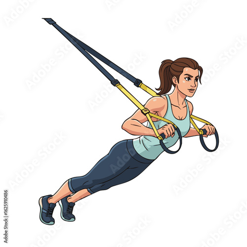 Athletic woman performing a challenging chest press exercise with suspension training straps. Fitness and strength training vector illustration.