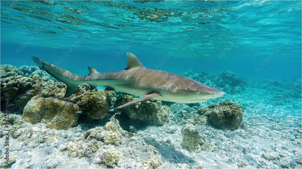 Fototapeta premium a shark Swimming in Clear Ocean with Coral Reef, Sunlight Filtering – Natural Underwater Scene for Marine Conservation & Travel