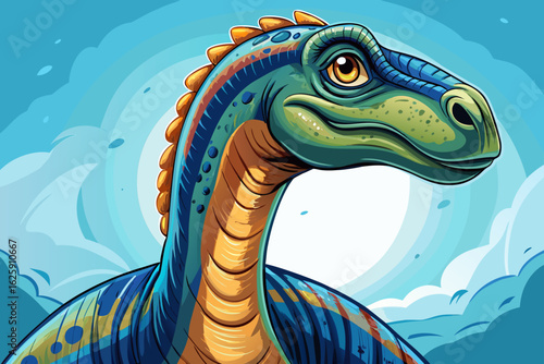A vintage plastic Diplodocus dinosaur toy, slightly worn and textured, isolated against a blue sky background, toys, and prehistoric themes