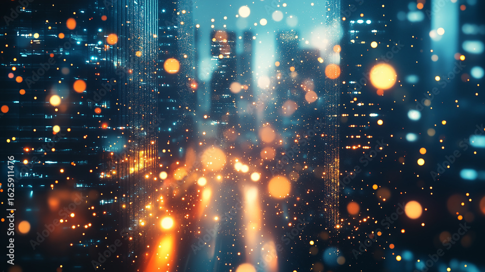 Fototapeta premium A vibrant, abstract view of a city at night with blurred bokeh lights. This image is perfect for concepts of urban energy, technology, and nightlife