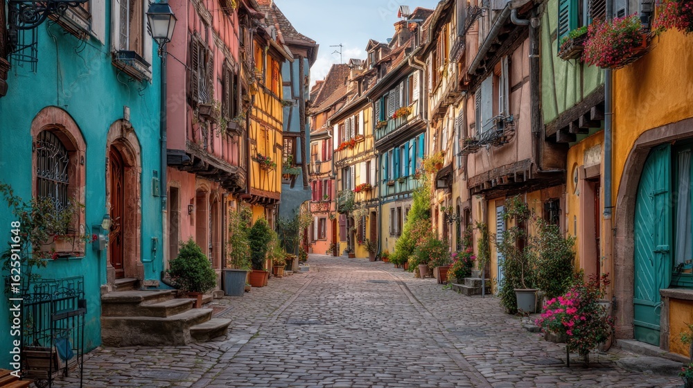 Fototapeta premium Colorful european alleyway with cobblestone path