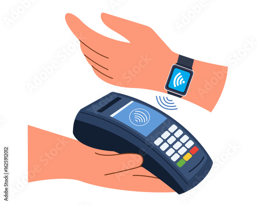 Contactless payment by smartwatch at POS Terminal  NFC technology concept vector illustration