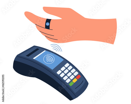 Contactless payment using the nfc ring at pos terminal vector illustration