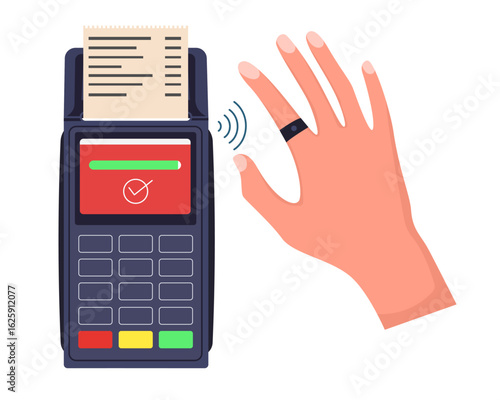 Hands with digital smart ring making payment by POS terminal contactless payment nfc digital transaction vector illustration