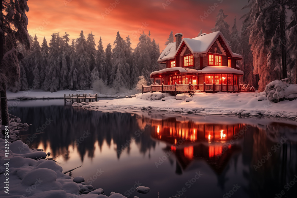 Fototapeta premium A house on a snow-covered island with warm dusk lights