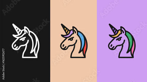 Three stylized unicorn heads with colorful manes against contrasting backgrounds illustration