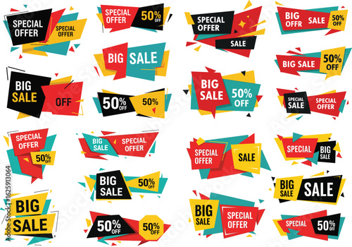 A vibrant set of discount and sale tags with colorful vector icons, perfect for web banners or promotional badges