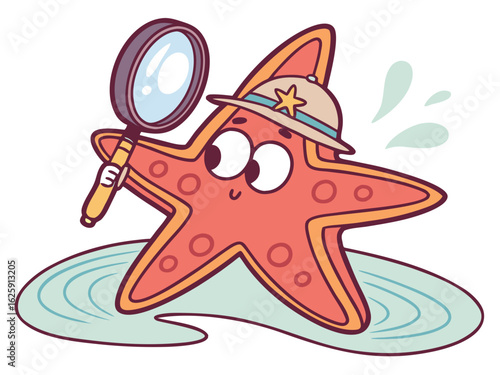 Cartoon Starfish Detective Investigating Water with Magnifying Glass Wearing Safari Hat on White Background