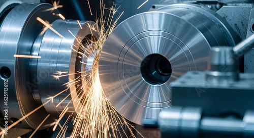 Industrial Metalworking Machine Cutting Metal with Sparks in Manufacturing Workshop