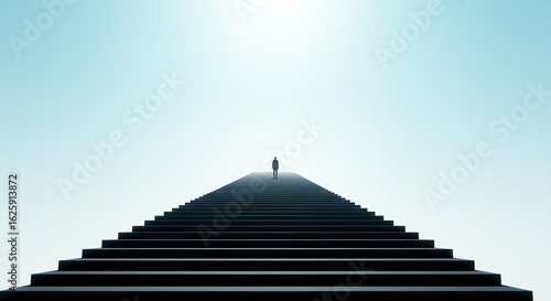 A lone figure atop a black staircase extending into a light blue sky, casting shadows onto the steps, minimalistic design, invoking introspection. The composition emphasizes solitude and aspiration.