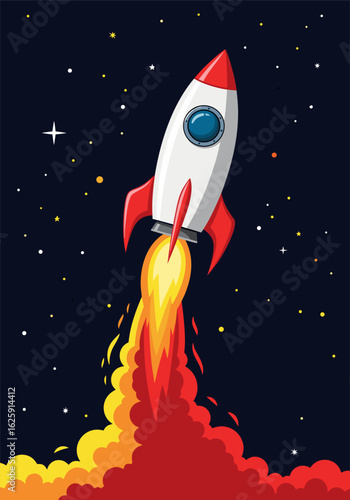 Playful Cartoon Rocket Launching Diagonally Through Starry Night Sky with Flaming Exhaust and Celestial Elements