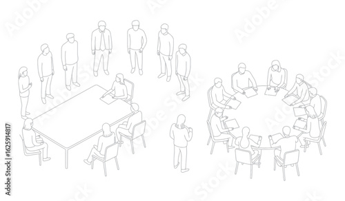 Meeting and Collaboration of People Around Tables Discussing Ideas and Strategies	