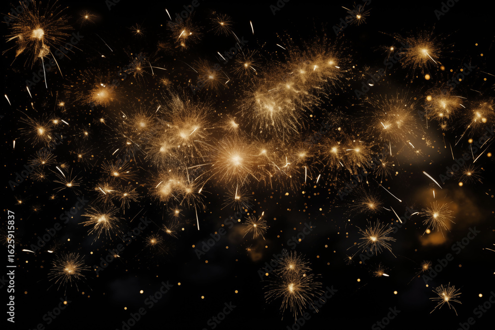 Naklejka premium Golden fireworks exploded in a heap in the dark night.