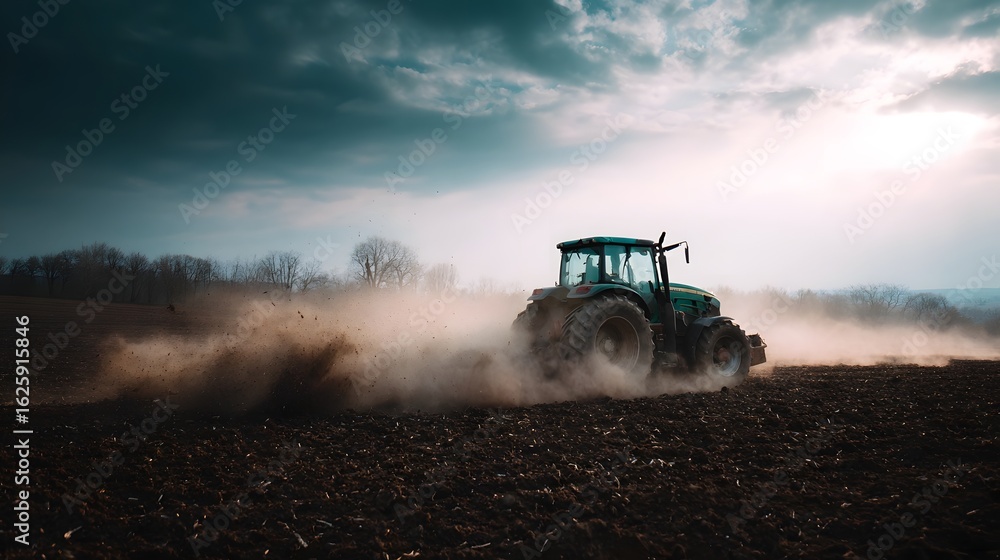 Fototapeta premium Tractor plowing farmland under dramatic sky