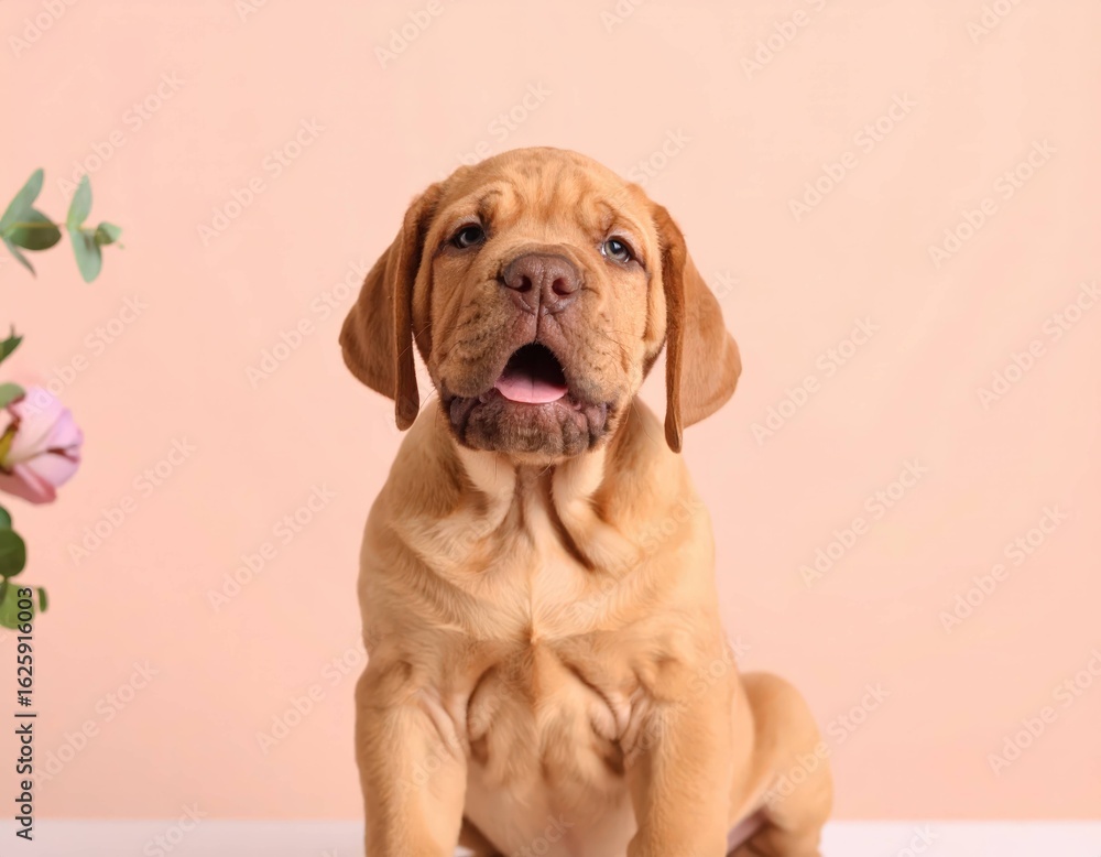 Adorable Fawn Mastiff Puppy Portraits on Soft Pink Background, Generated image Adorable Fawn Mastiff Puppy Portraits on Soft Pink Background, Generated image