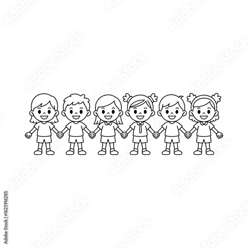 Joyful Children Holding Hands: A group of cheerful children, connected hand-in-hand, convey the pure essence of childhood friendship, unity, and camaraderie in this heartwarming illustration.