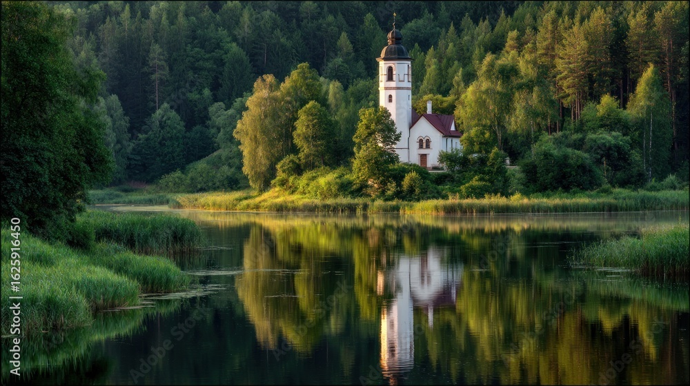 Fototapeta premium Tranquil lakefront church scene