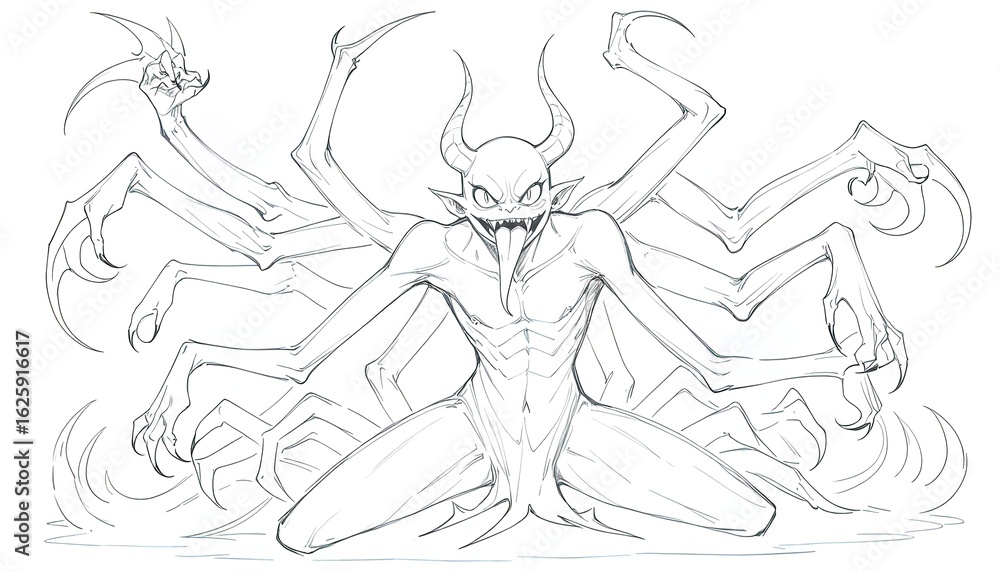 Fototapeta premium Multi-limbed demonic creature sketch.