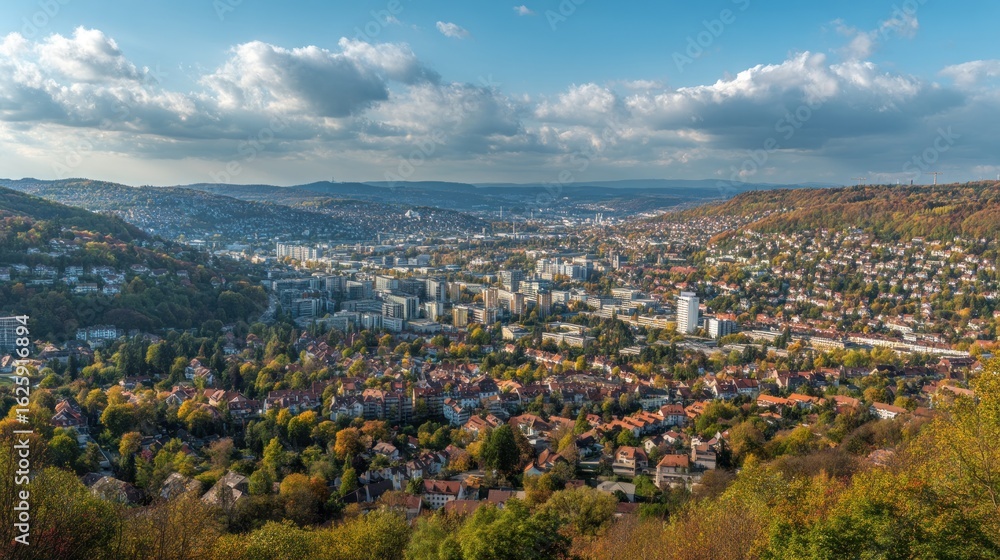 Obraz premium Cityscape panorama from above with autumnal trees