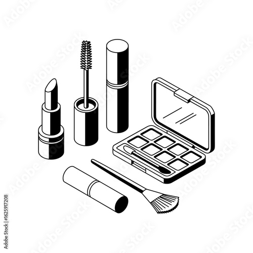 Cosmetic Collection: A stylish arrangement of essential cosmetics, meticulously illustrated with a monochromatic aesthetic, showcasing the artistry of beauty and personal care.