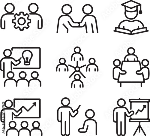 Workshop icon set. Business-related line icons: teamwork, collaboration, education, coaching, team building, meeting, training, presentation, and more. Editable stroke. Vector illustration. 