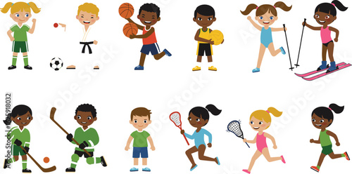 Diverse children playing sports including soccer, basketball, karate, skiing, lacrosse, promoting teamwork, fitness, healthy lifestyle, fun and education