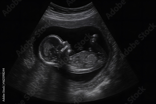 Ultrasound scan of fetus in womb, prenatal medical imaging, baby sonogram close up, pregnancy health monitoring, obstetric ultrasound, prenatal development, expectant mother checkup, fetal growth eval