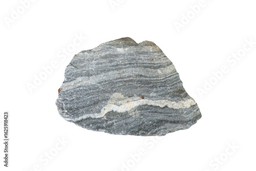 ิBlue limestone interbedded with quartz bands isolated on white background. A sedimentary rock primarily composed of calcium carbonate and comes in various forms.  