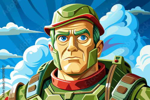 traditional toy soldier figure isolated against a sky background. nostalgic childhood themes, military playsets, vintage toys, and holiday decoration visuals