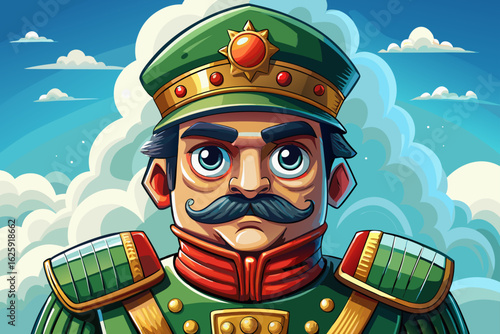 traditional toy soldier figure isolated against a sky background. nostalgic childhood themes, military playsets, vintage toys, and holiday decoration visuals