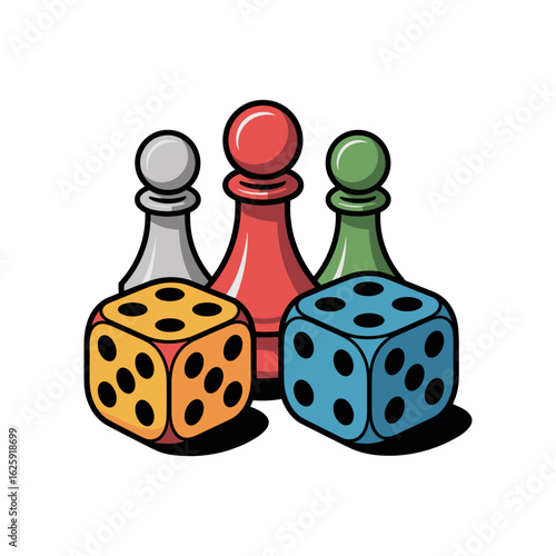 Colorful Game Pieces: A vibrant illustration of board game components including colorful dice and pawns, evoking a sense of playful competition and strategic thinking.