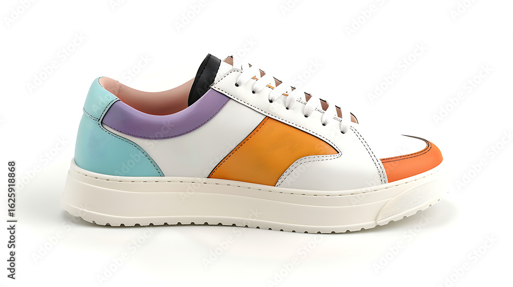 Naklejka premium Illustration of trendy colorful leather sneaker isolated on white background, perfect for casual and sporty style, showcasing modern and chic design for unisex fashion