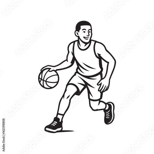 Cute cartoon style vector illustration featuring a basketball player dribbling the ball isolated on a white background