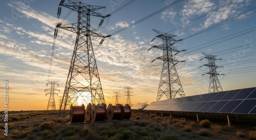 High-voltage power lines and solar panels at sunset.  Renewable energy infrastructure in a desert landscape.  A scene of sustainable energy generation and transmission.